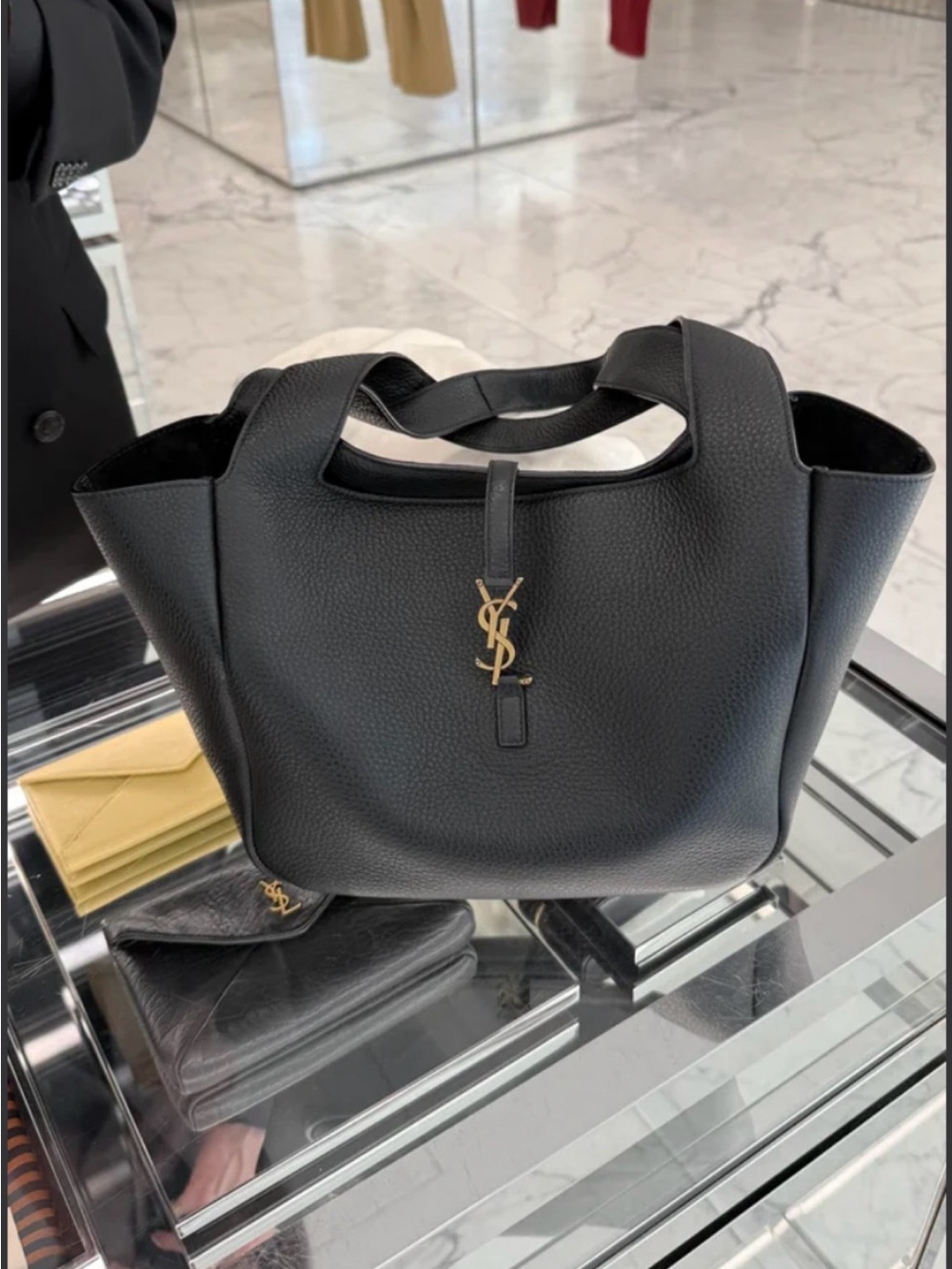 Yves Saint Laurent style Black Pebbled Leather Tote with Gold YSL Logo - Picture 7 of 9